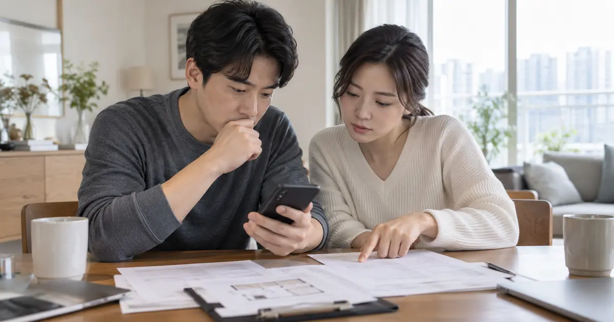 부부가 아파트 평면도와 계약 자료를 펼쳐 놓고 가계약금을 보내기 전 휴대전화 내용을 확인하는 모습