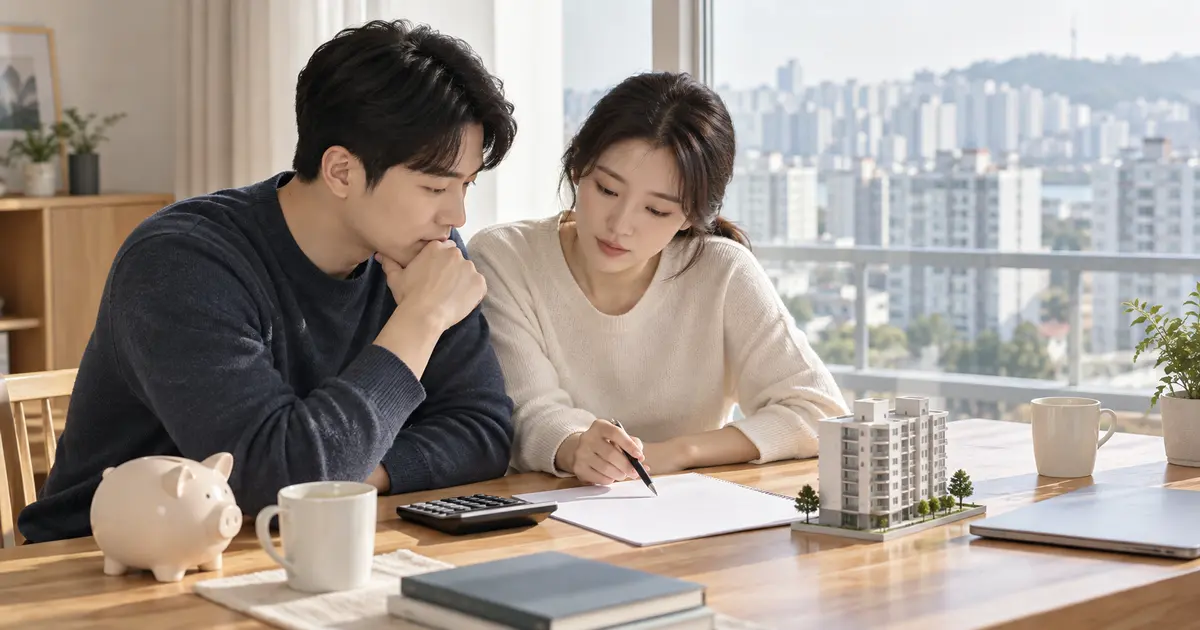 아파트가 보이는 식탁에서 부부가 계산기와 메모지로 주택 구입 예산을 함께 계산하는 모습