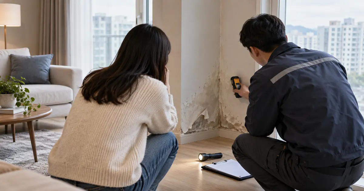 매수한 아파트 거실 벽의 습기와 벽지 들뜸을 매수인과 점검 기사가 수분 측정기로 확인하는 모습